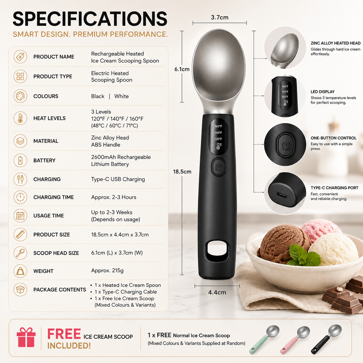 Rechargeable Heated Ice Cream Scooping Spoon + Free Scoop added 🎉