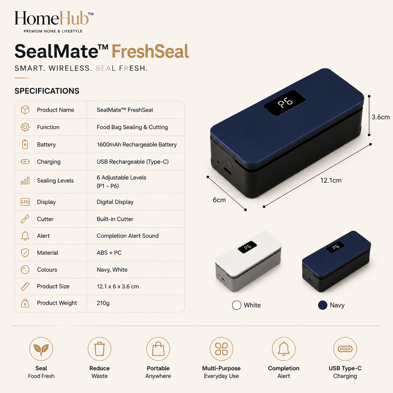 SealMate™ FreshSeal Pro | USB Rechargeable Food Bag Sealer with Digital Display & Bag Cutter