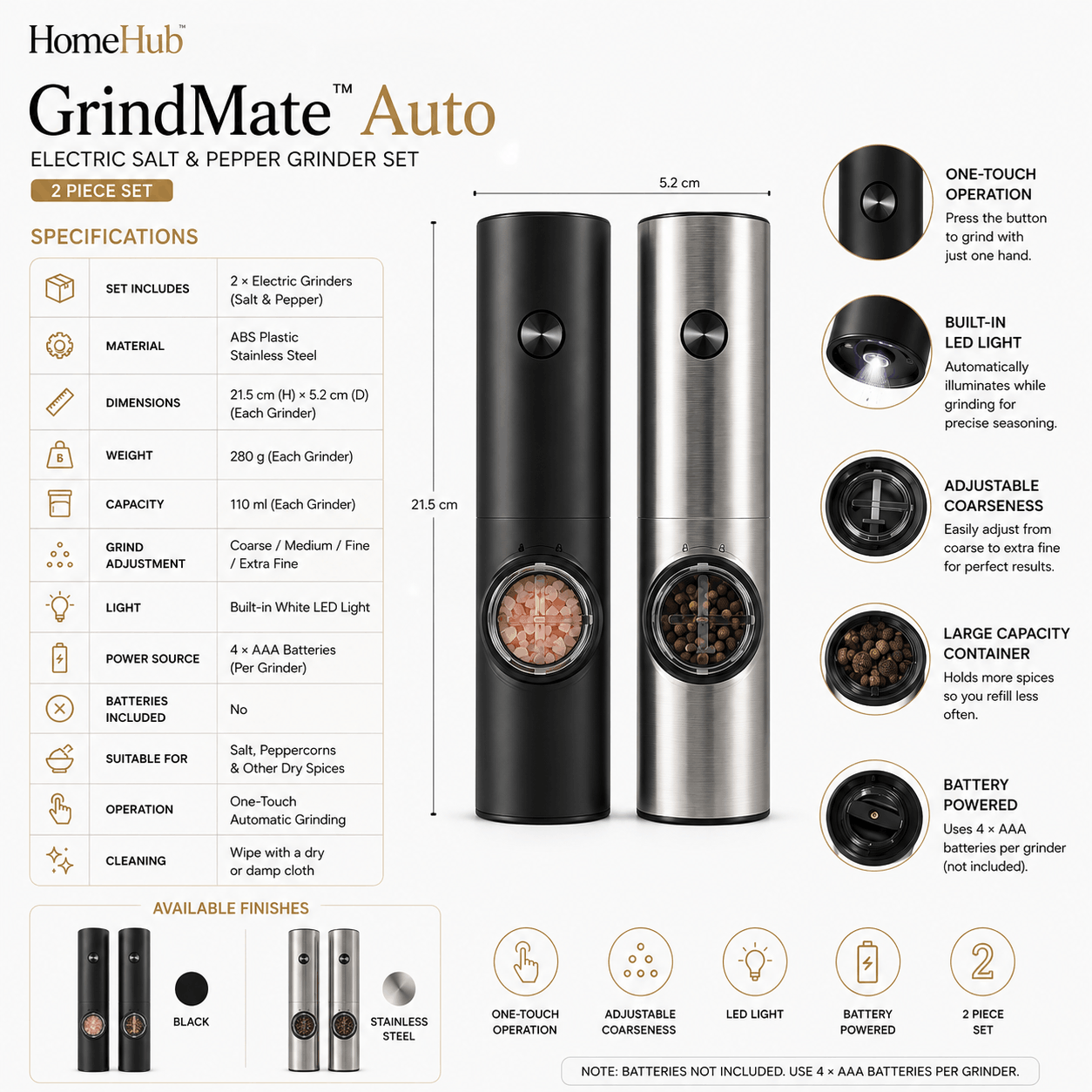 GrindMate™ Auto | Electric Salt & Pepper Grinder Set (2-Pack)