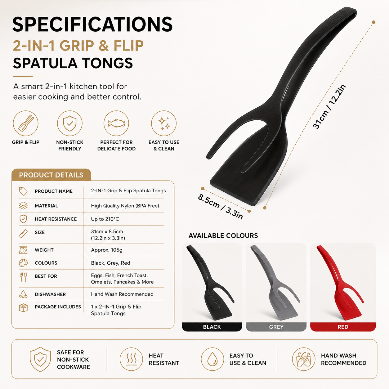 2-in-1 Grip & Flip Spatula Tongs Non-Stick Kitchen Flipper
