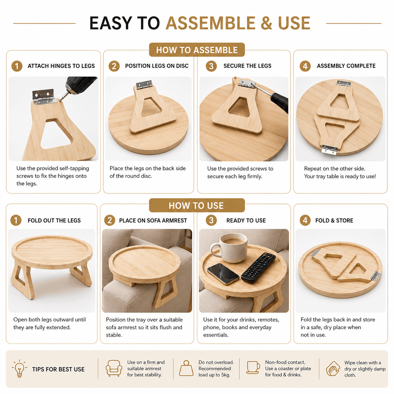 Wooden Foldable Sofa Armrest Tray Table