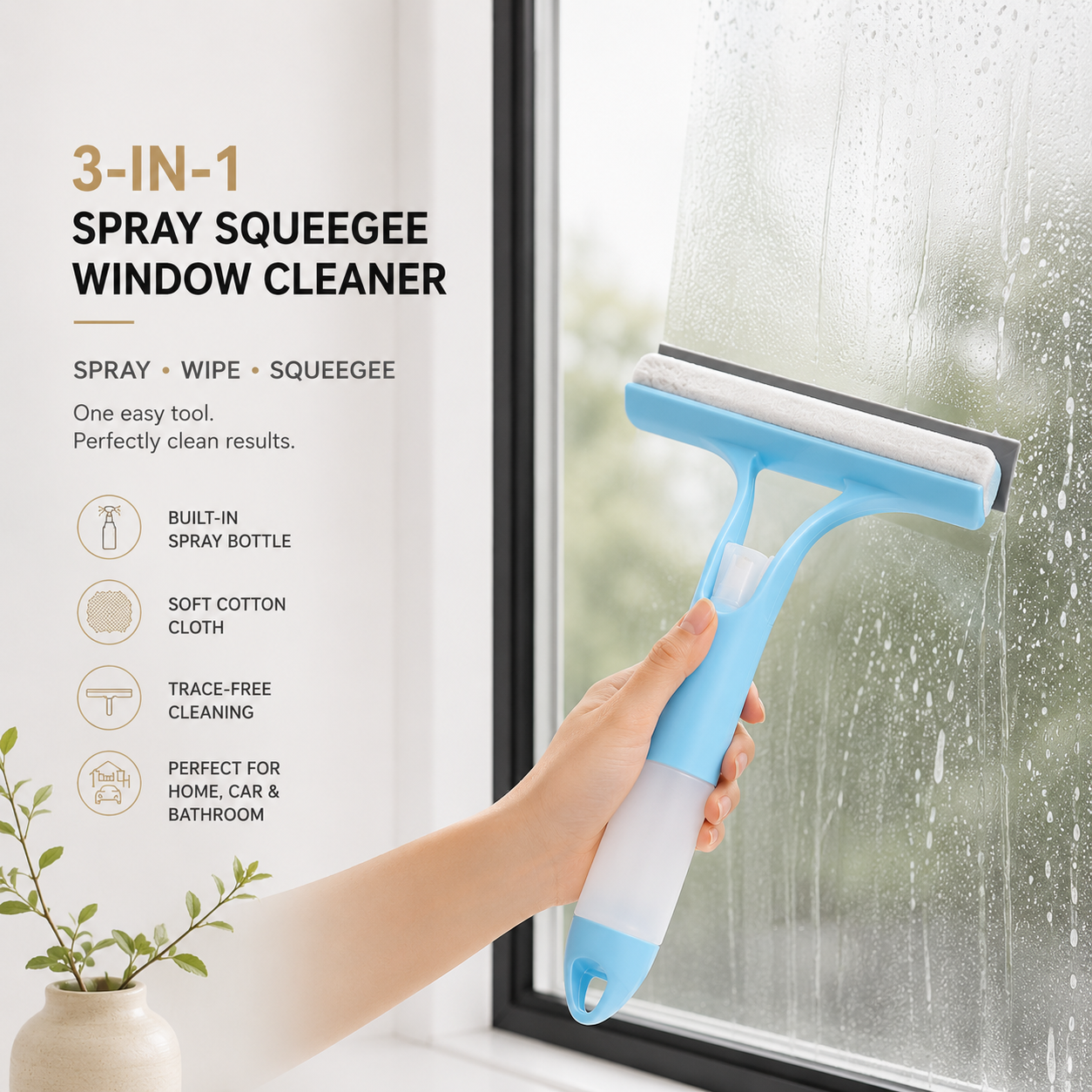 3-in-1 Spray Window Squeegee - Built in Spray Bottle