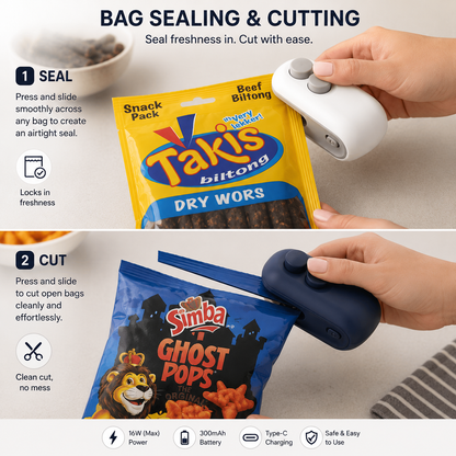 SealMate™ SnackSeal — 2-in-1 Rechargeable Mini Bag Sealer & Cutter