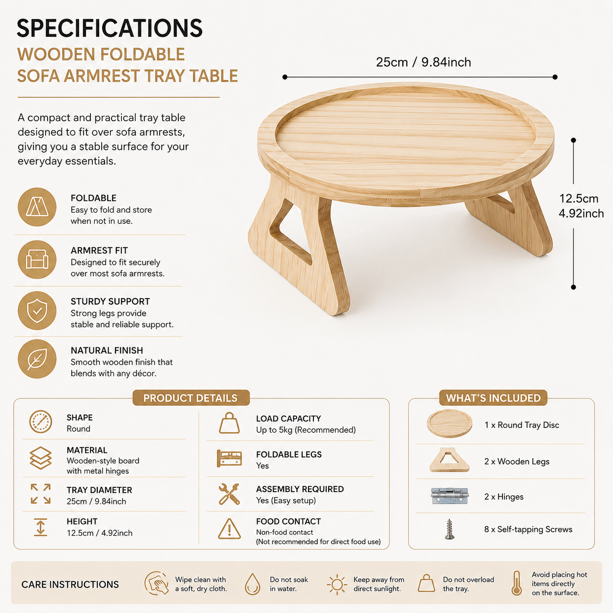 Wooden Foldable Sofa Armrest Tray Table
