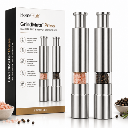 GrindMate™ Press – 2 Piece Stainless Steel Manual Salt & Pepper Grinder Set