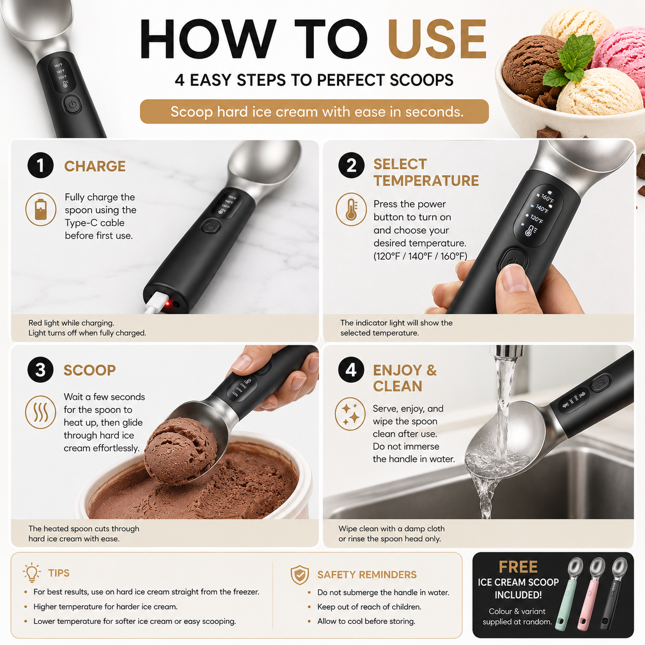 Rechargeable Heated Ice Cream Scooping Spoon + Free Scoop added 🎉