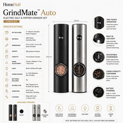 GrindMate™ Auto | Electric Salt & Pepper Grinder Set (2-Pack)