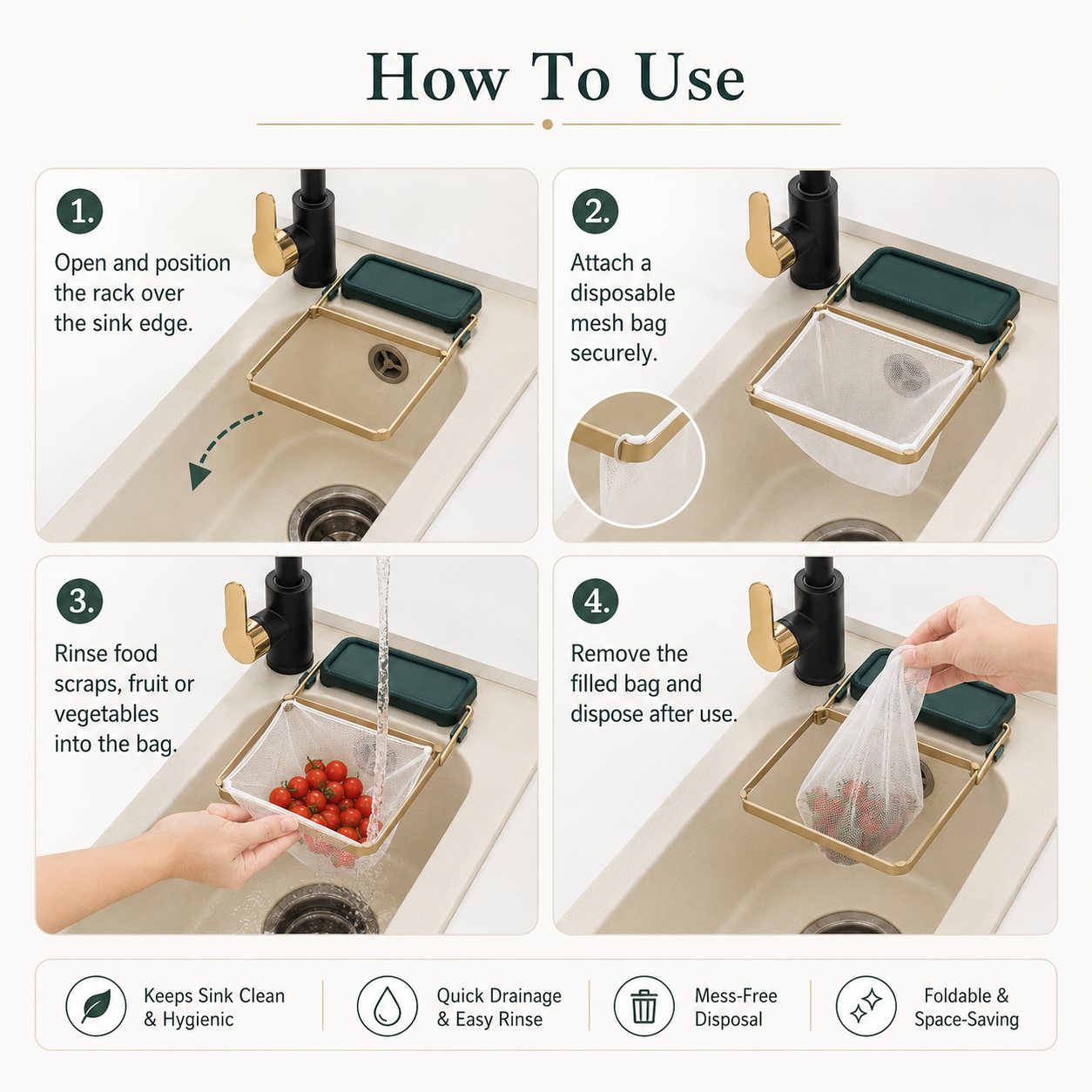Collapsible Sink Strainer Rack with 50pcs Disposable Mesh Bags