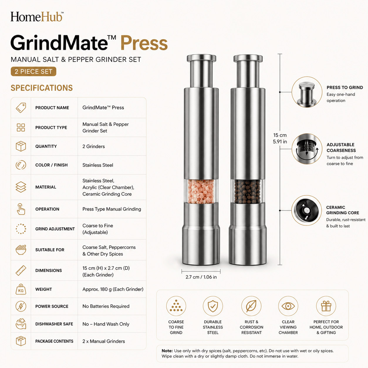 GrindMate™ Press – 2 Piece Stainless Steel Manual Salt & Pepper Grinder Set
