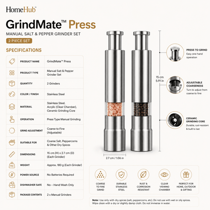GrindMate™ Press – 2 Piece Stainless Steel Manual Salt & Pepper Grinder Set