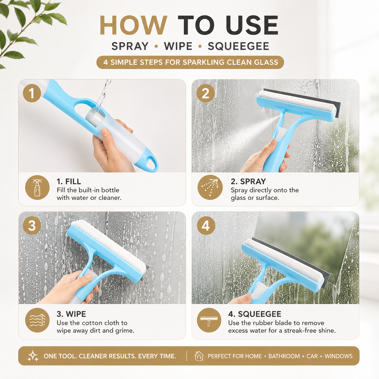 3-in-1 Spray Window Squeegee - Built in Spray Bottle