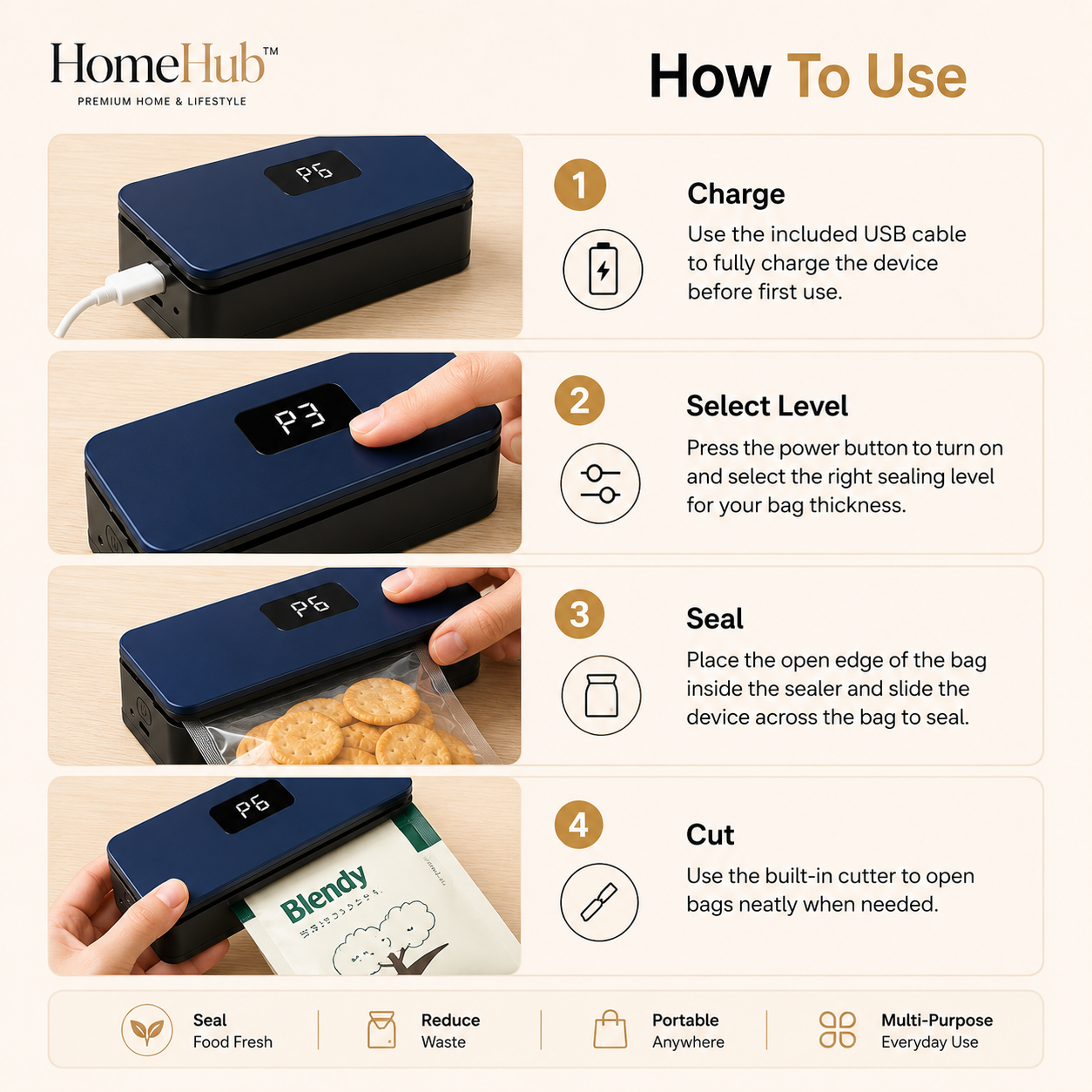 SealMate™ FreshSeal Pro | USB Rechargeable Food Bag Sealer with Digital Display & Bag Cutter