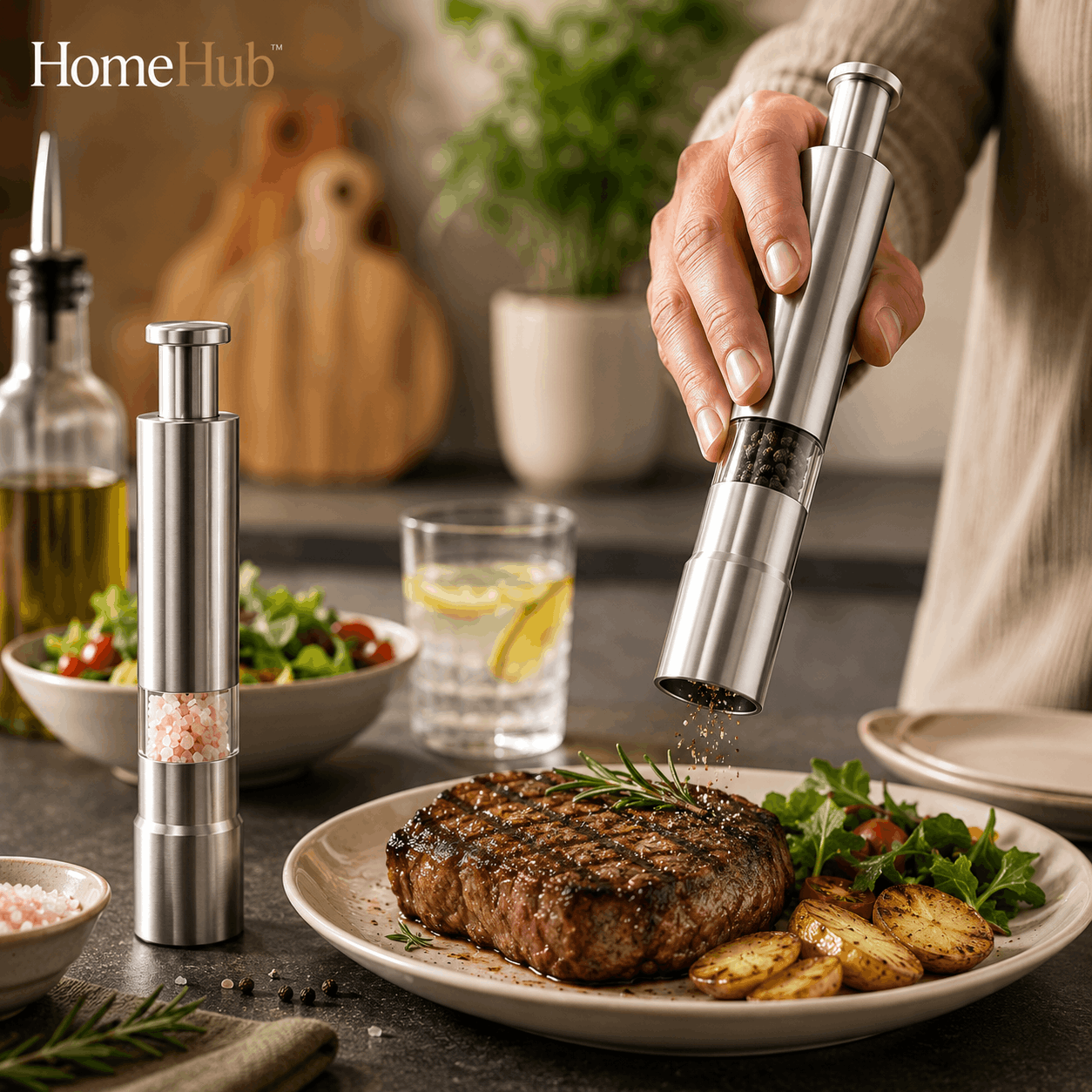 GrindMate™ Press – 2 Piece Stainless Steel Manual Salt & Pepper Grinder Set