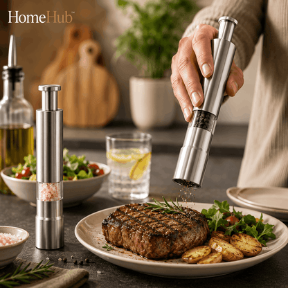 GrindMate™ Press – 2 Piece Stainless Steel Manual Salt & Pepper Grinder Set