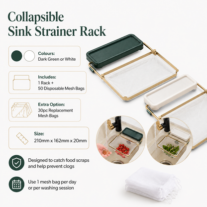 Collapsible Sink Strainer Rack with 50pcs Disposable Mesh Bags