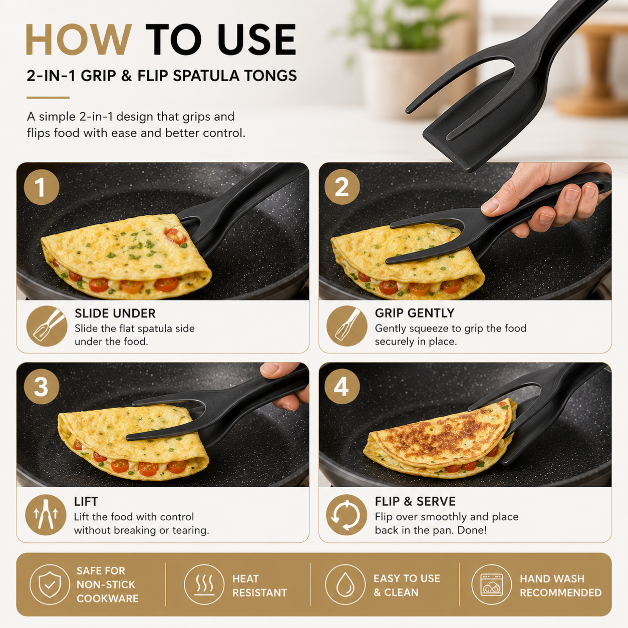 2-in-1 Grip & Flip Spatula Tongs Non-Stick Kitchen Flipper