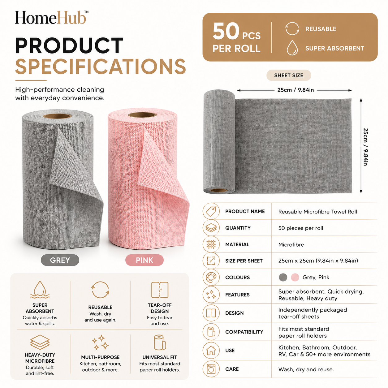 50pcs Reusable Microfibre Towel Roll